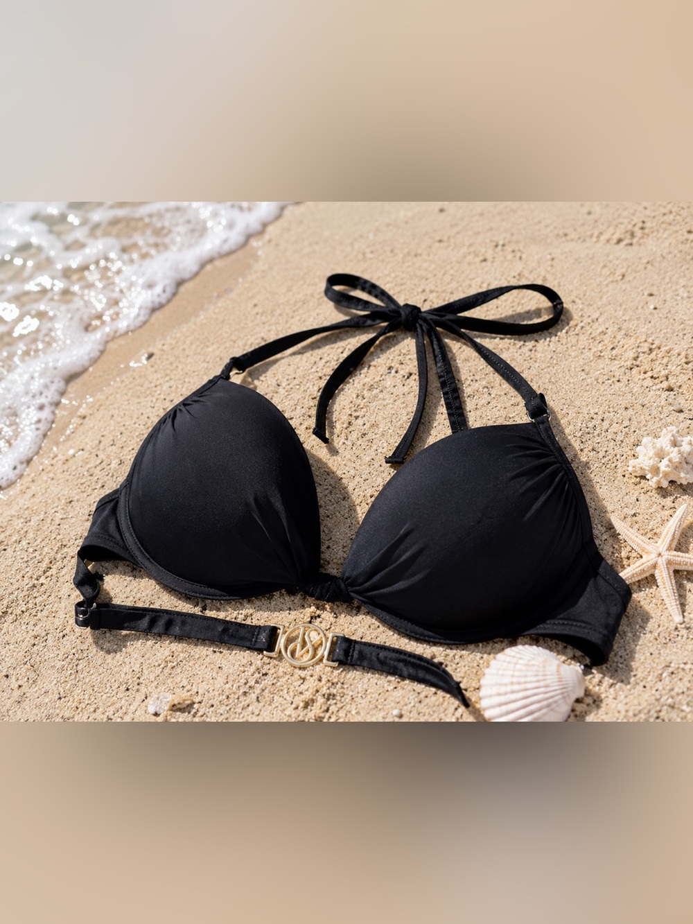 Victoria’s Secret Black Push-Up Halter Bikini Top Gold VS Clasp 34C